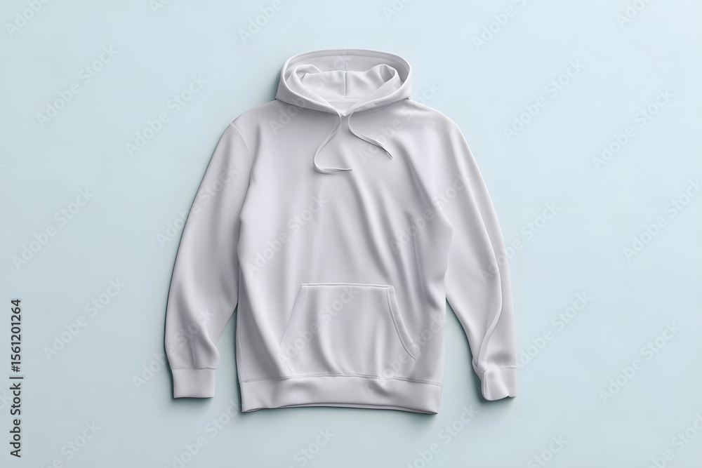 White hoodie laid flat on blue background. Streetwear fashion mockup. Ideal for apparel branding and e-commerce. White hoodie laid flat on blue background. Streetwear fashion mockup. Ideal for apparel branding and e-commerce.