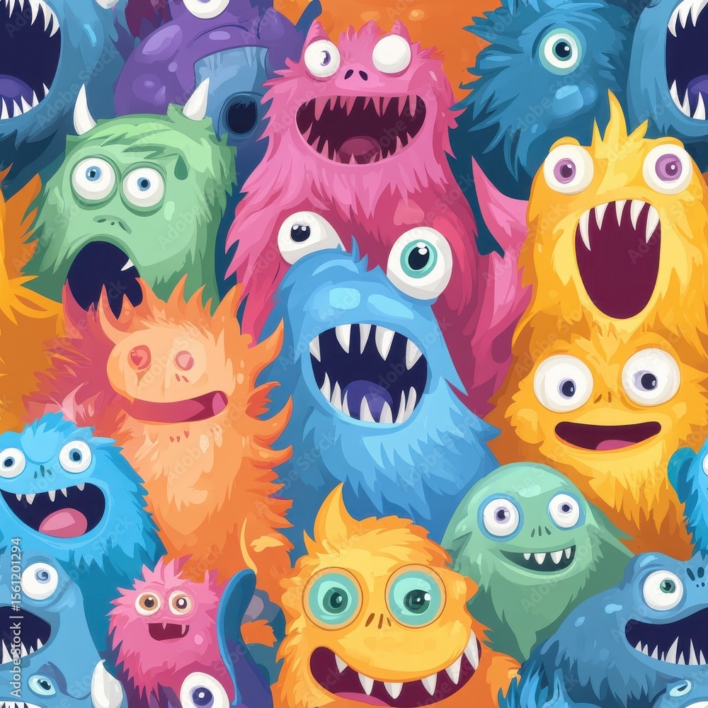 Obraz premium Colorful Cartoon Monsters in a Seamless Pattern for Fun Designs