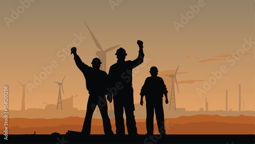 Silhouetted workers celebrate against a backdrop of windmills and an industrial landscape at sunset