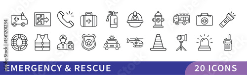 Emergency and Rescue Icon Set, A collection of 20 icons representing emergency and rescue services, including ambulances, safety equipment, first aid, and rescue tools.
