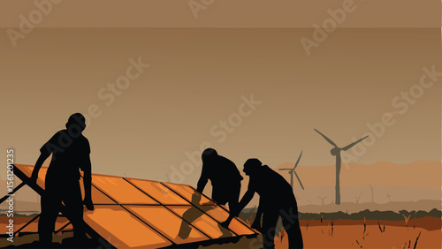 Silhouette of three workers installing solar panels with wind turbines in the background on a cloudy day