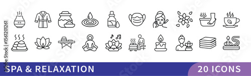 Spa and Relaxation Icon Set, A collection of 20 icons representing spa and relaxation, featuring symbols like candles, massage, essential oils, and calming elements.

