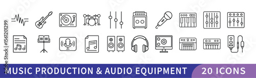Music Production and Audio Equipment Icon Set, A collection of 20 icons representing music production and audio equipment, including instruments, mixing consoles, speakers, and recording tools.
