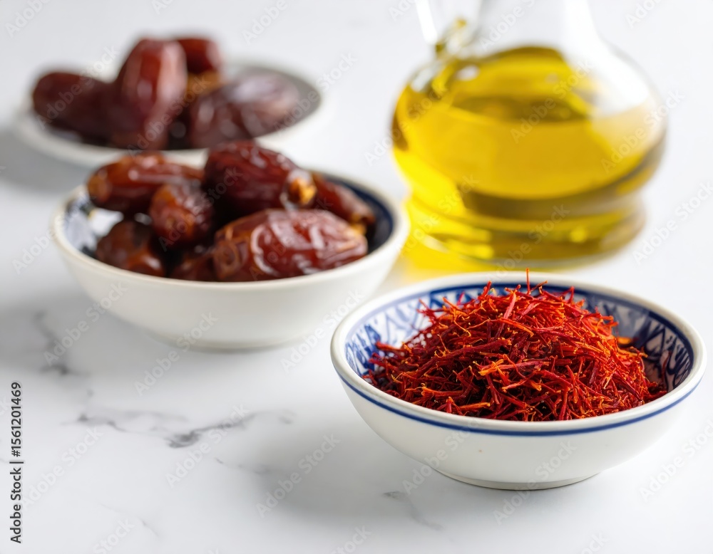 Obraz premium Aromatic Saffron Threads with Dates and Olive Oil on Stylish Table