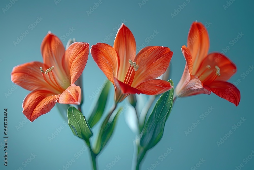 Fototapeta premium Three delicate orange lilies bloom gracefully in a peaceful studio environment. Soft lighting enhances their elegant beauty against a plain background.