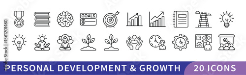 Personal Development and Growth Icon Set, A collection of 20 icons representing personal development and growth, including achievement, progress, goals, and self-improvement symbols.
