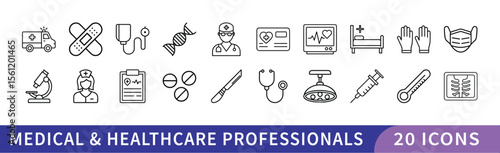 Medical and Healthcare Professionals Icon Set, A set of 20 icons representing medical and healthcare professionals, including doctors, medical tools, hospital equipment, and healthcare symbols.

