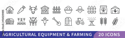 Agricultural Equipment and Farming Icon Set, A set of 20 icons representing agricultural equipment and farming, including crops, tools, livestock, and farming machinery.
