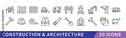 Construction and Architecture Icon Set, A collection of 20 icons representing construction and architecture, including tools, machinery, safety equipment, and building symbols.
