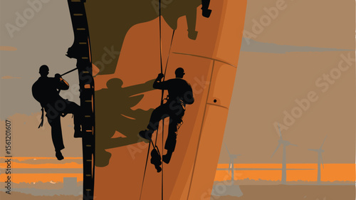 Silhouette of construction workers climbing a structure against a sunset background with turbines far away