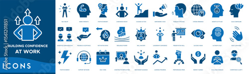 Building Confidence at Work icon set. Self Belief, Inner Strength, Positive Mindset, Confidence Boost, Courage Action, Empowered Voice, Fearless Speaking and Strong Presence