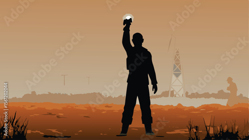 Silhouette of a man holding a glowing object aloft in a desolate landscape with a tower in the distance