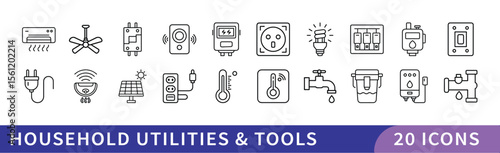 Household Utilities and Tools Icon Set, A collection of 20 icons representing household utilities and tools, including electrical, plumbing, and home maintenance symbols.
