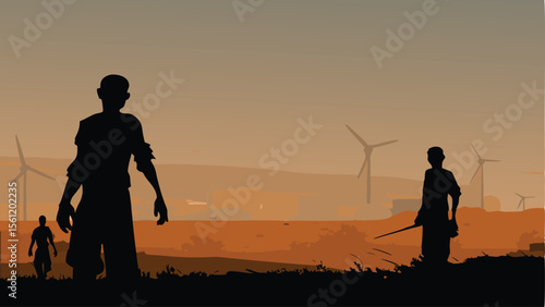Silhouetted figures stand in a field with distant windmills under a warm toned sky landscape view scene