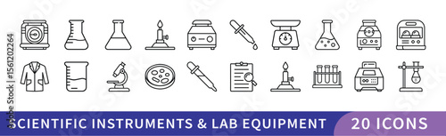 Set of 20 Scientific Instruments & Lab Equipment Icons, A collection of 20 icons representing scientific instruments and lab equipment, featuring tools like beakers, microscopes, and test tubes for sc