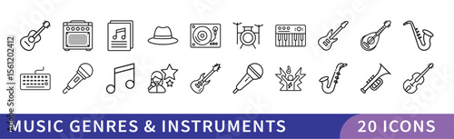 Set of 20 Music Genres & Instruments Icons, A collection of 20 icons representing music genres and instruments, featuring guitars, drums, and other musical symbols for design projects.
