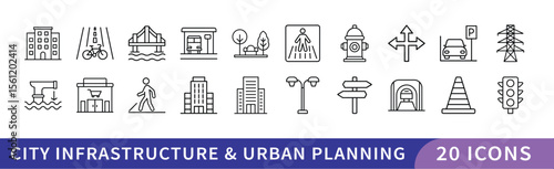Set of 20 City Infrastructure & Urban Planning Icons, A collection of 20 icons representing city infrastructure and urban planning, featuring buildings, roads, and public spaces for design projects.
