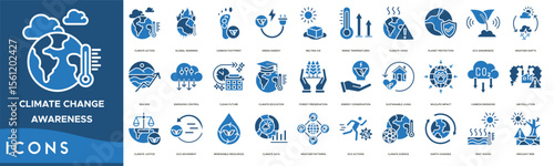 Climate Change Awareness icon set. Climate Action, Global Warming, Carbon Footprint, Green Energy, Melting Ice, Rising Temperatures, Climate Crisis and Planet Protection