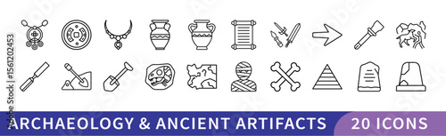 Set of 20 Archaeology & Ancient Artifacts Icons, A collection of 20 icons representing archaeology and ancient artifacts, featuring excavation tools, artifacts, and historical symbols for design proje
