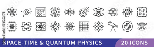 Set of 20 Space-Time & Quantum Physics Icons, A collection of 20 icons representing space-time and quantum physics concepts, featuring atoms, particles, and cosmic symbols for scientific designs.
