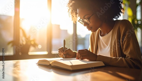 Black woman journaling with sunlight through window