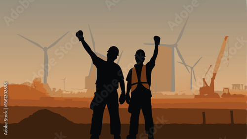 Silhouette of two construction workers with raised fists against a backdrop of wind turbines and cranes