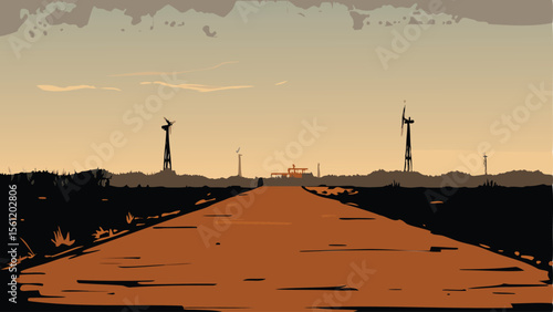 A desolate road leads to a distant industrial complex with windmills under a pale orange sky landscape