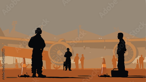 Silhouette of military personnel standing near a large aircraft on a hazy airfield environment scene