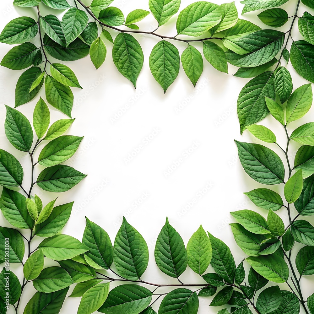 Naklejka premium “Fresh green leaves arranged in a square frame on a white background.”
