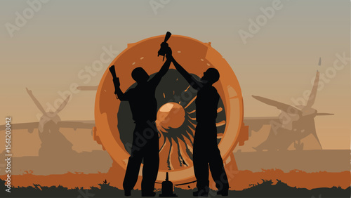 Silhouetted figures celebrate in front of a large jet engine with planes in the background landscape