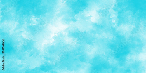 Watercolor cloudy sky background. Blue sky with white clouds. Hand painted splash stain backdrop. Artistic vector design element.