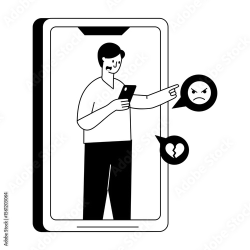 A filled style illustration showing a person doing online bullying
