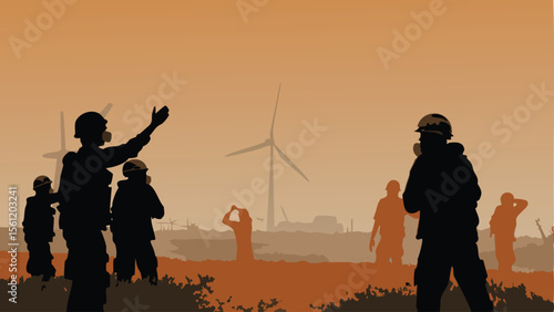 Silhouette of people wearing masks with wind turbines in the background under a hazy orange sky scene