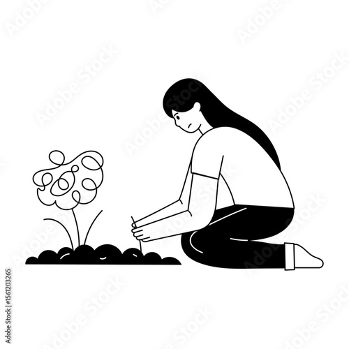 A glyph style illustration showing a person planting 
