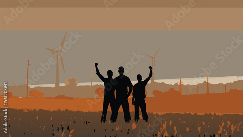 Silhouette of three people with raised fists against a backdrop of wind turbines and a sunset landscape