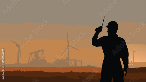 Silhouette of worker with radio at industrial site with windmills and oil pump jack at sunset view