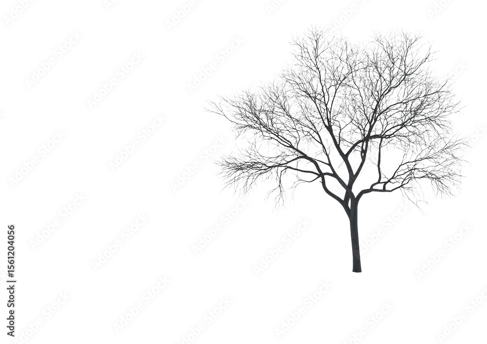 Obraz premium Bare winter tree with thin leafless branches in silhouette style isolated on a transparent background