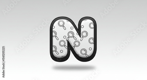 Alphabet letter N with a search magnifying glass pattern. 3D initial for concepts of discovery, investigation, and analysis.