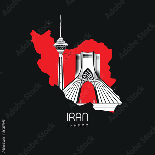 Tehran iran. illustration art work.  iconic landmark in Tehran, the capital of Iran. iran map