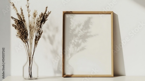 Still life featuring a wooden frame, vase with dried flowers, and soft shadows on a white wall