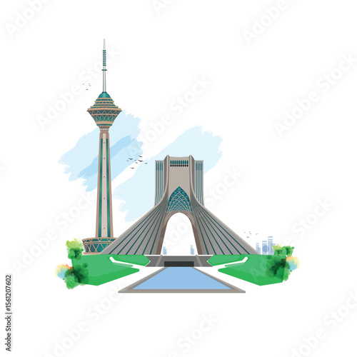 Tehran iran. illustration art work.  iconic landmark in Tehran, the capital of Iran. iran map