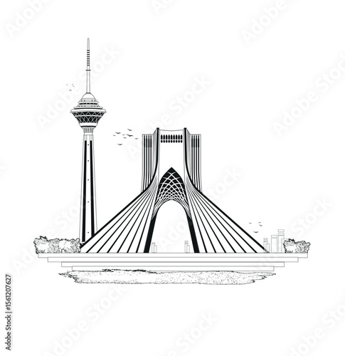 Tehran iran. illustration art work.  iconic landmark in Tehran, the capital of Iran. iran map