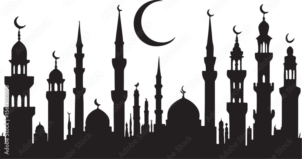 Fototapeta premium Silhouette of a mosque cityscape featuring crescent moons and islamic architectural elements