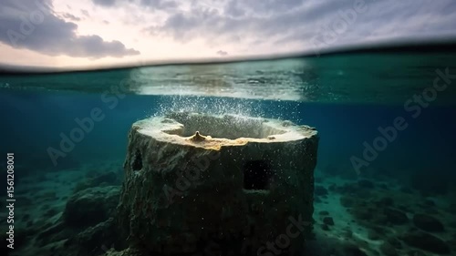 Underwater view of a circular structure submerged with an opening. Sun rays illuminate the structure. Clear water environment