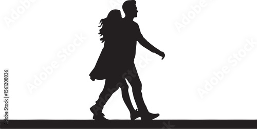 Silhouette of a walking couple in love and relationship representing togetherness and romance on a white background