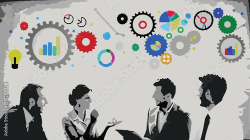 Business meeting with gears and charts depicting data analysis and collaborative problem solving session