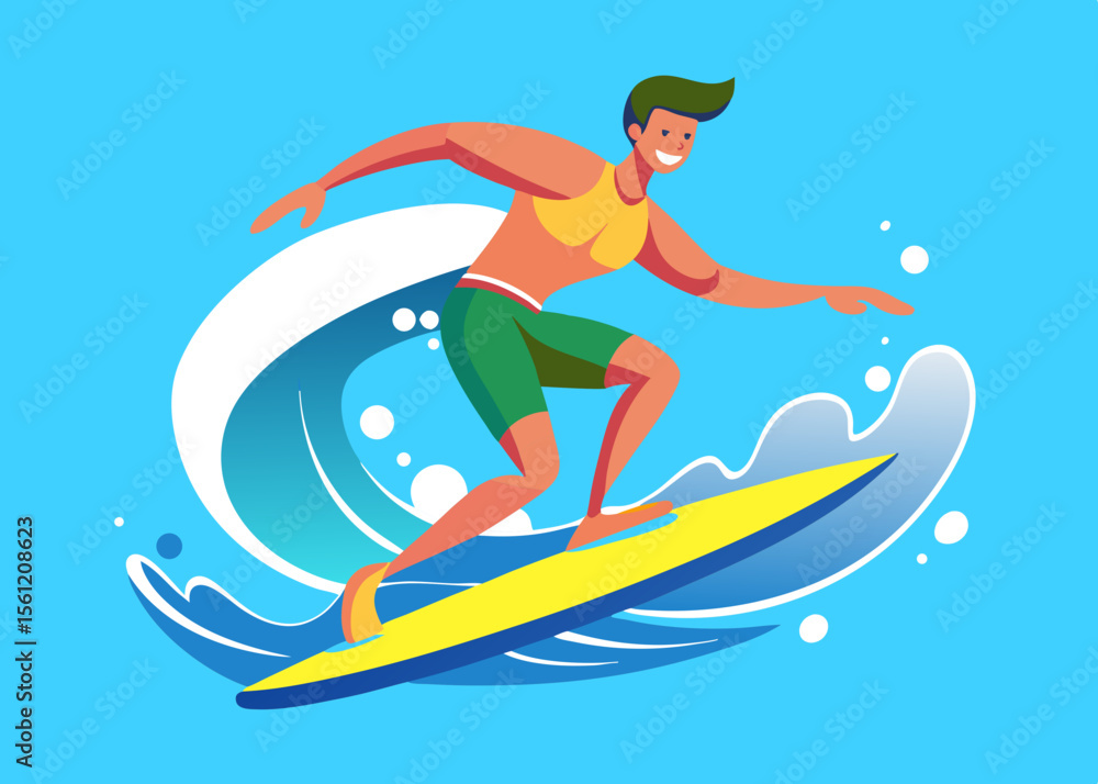 Surfer riding a vibrant wave on a yellow surfboard, showcasing dynamic movement and energy, with splashes of water and bright blue background, representing summer fun and adventure Surfer riding a vibrant wave on a yellow surfboard, showcasing dynamic movement and energy, with splashes of water and bright blue background, representing summer fun and adventure