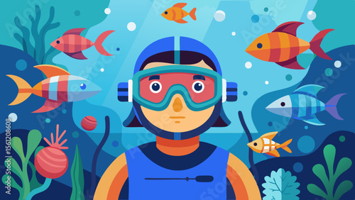 Snorkeler underwater in flat illustration style, wearing mask and surrounded by colorful fish, exploring vibrant marine life in a captivating underwater scene