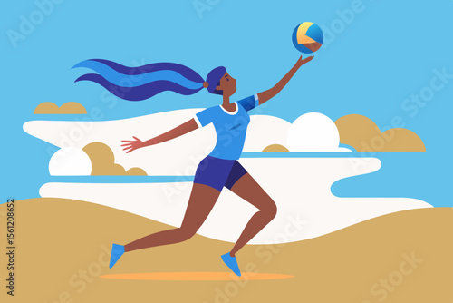 Female athlete with long hair is reaching for a volleyball in a dynamic pose against a bright blue sky, showcasing energy and enthusiasm in a beach setting