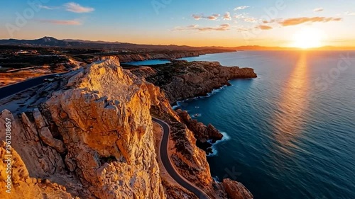 Aerial view of a coastal landscape at sunset with a winding road and cliffs illuminated by golden sunlight. Serene sea water with a soft color palette